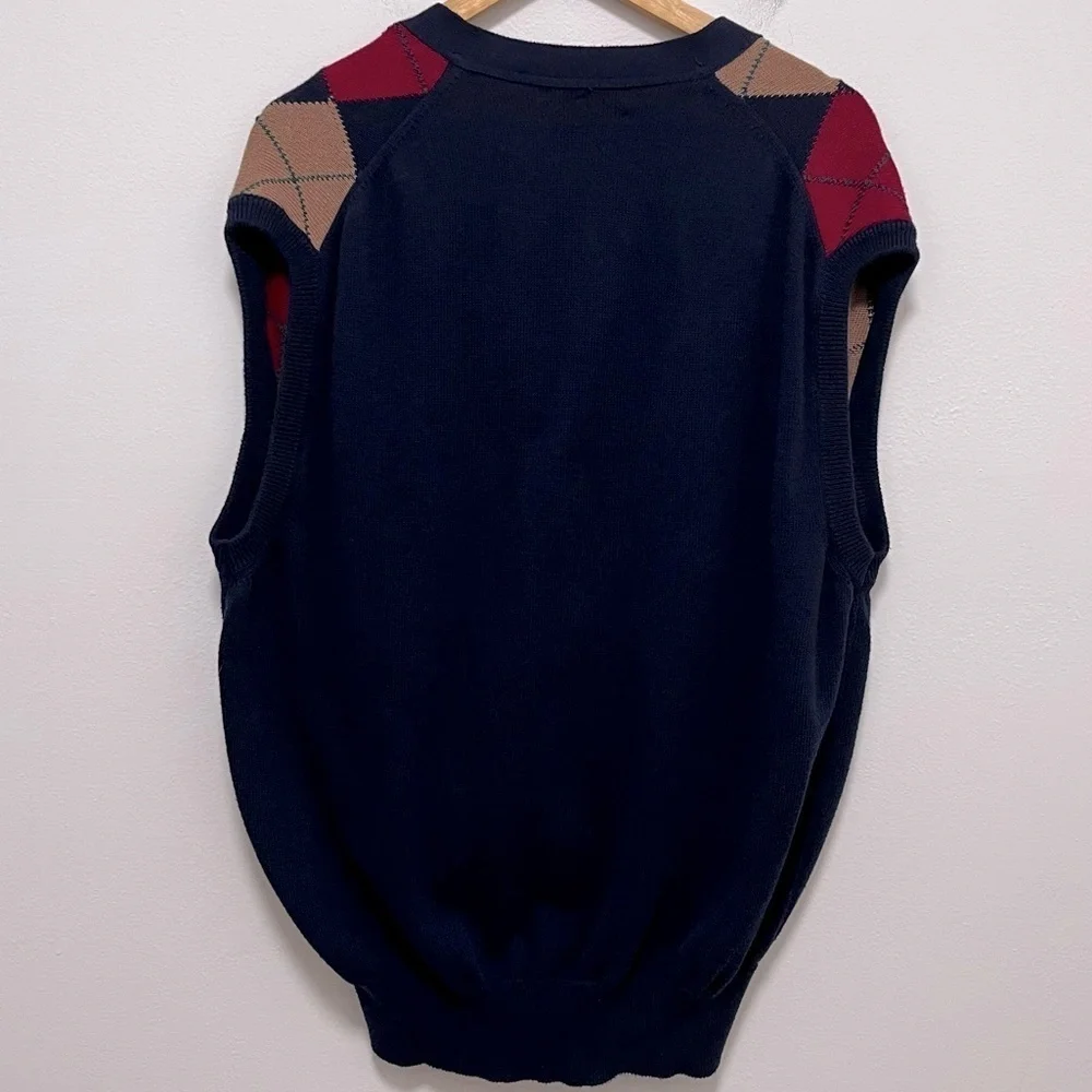 VINTAGE Clark & Gregory Argyle Cotton Navy Blue Red Tan Sweater Vest Size XL
